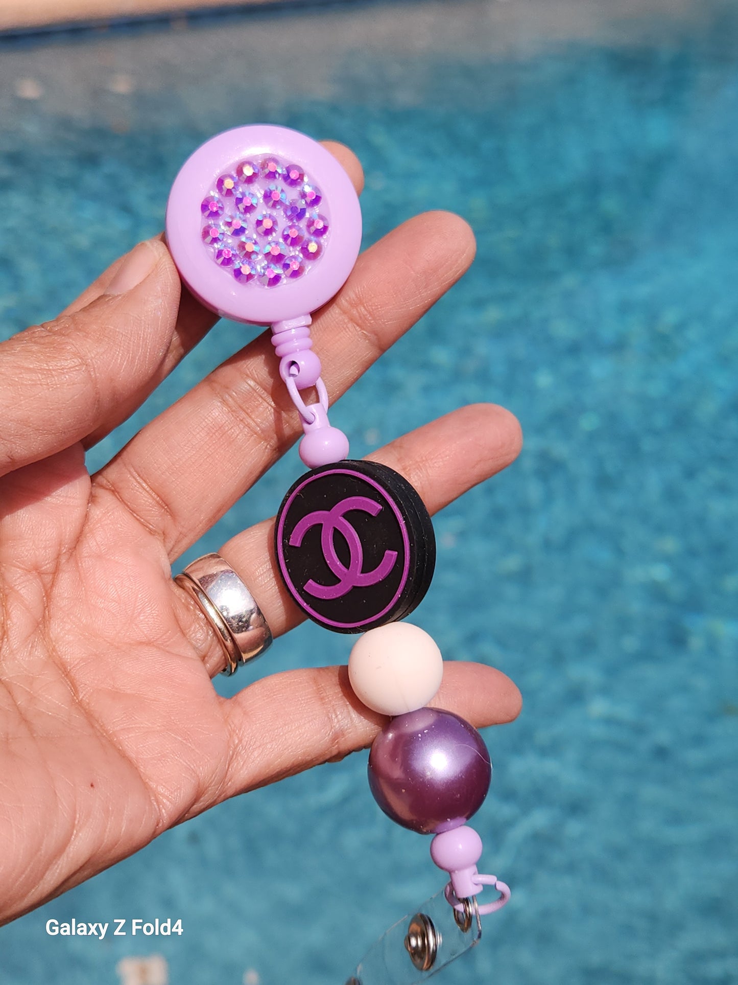 Purple Love Rhinestone Badge Reel Clip
