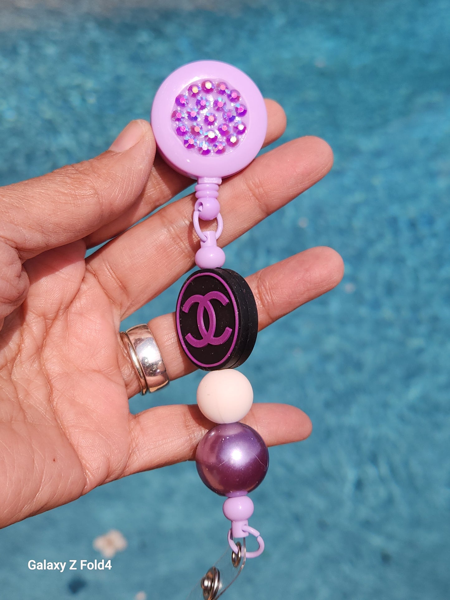 Purple Love Rhinestone Badge Reel Clip