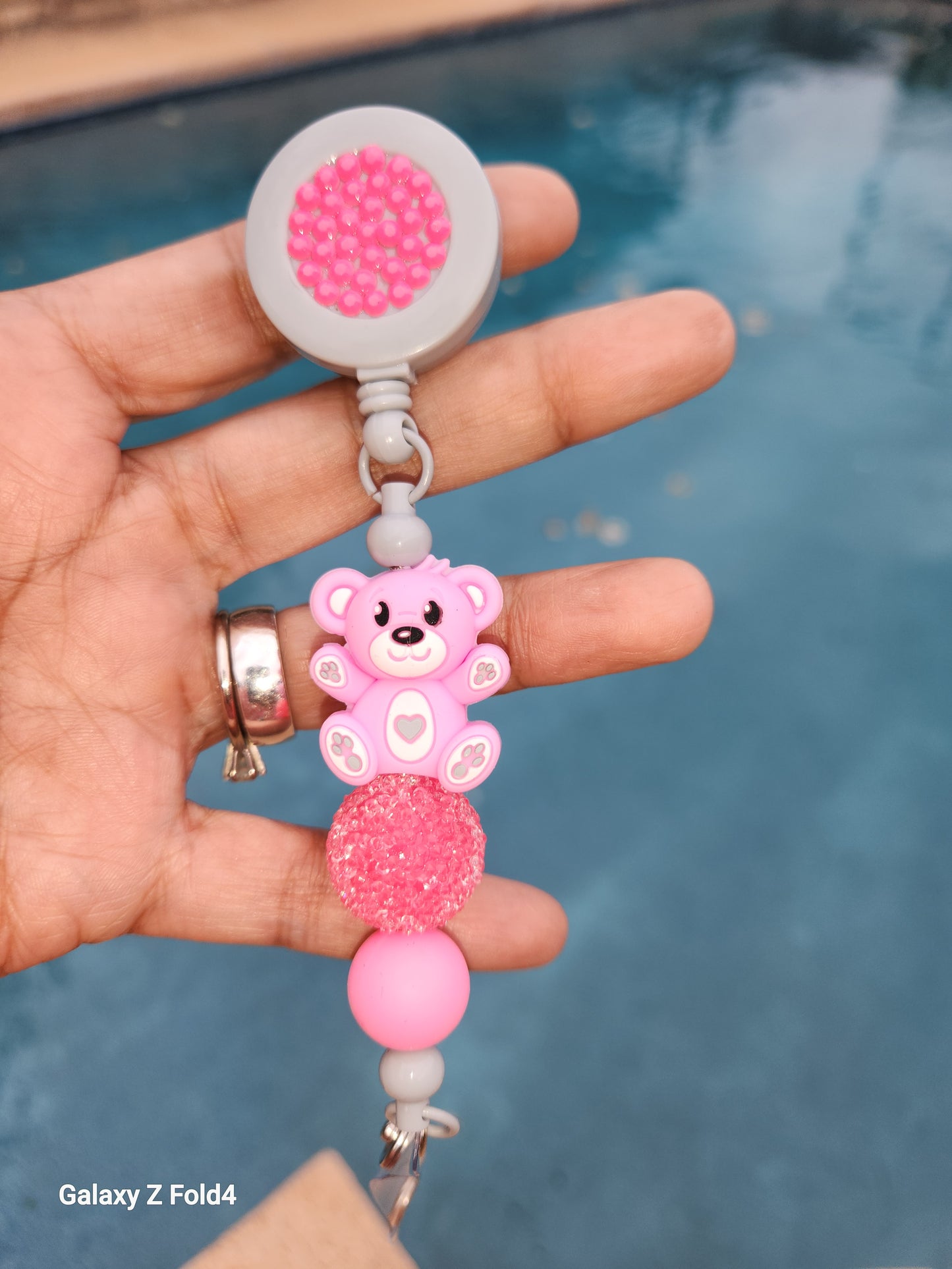 Rhinestone Bear With Me Badge Reel Clip